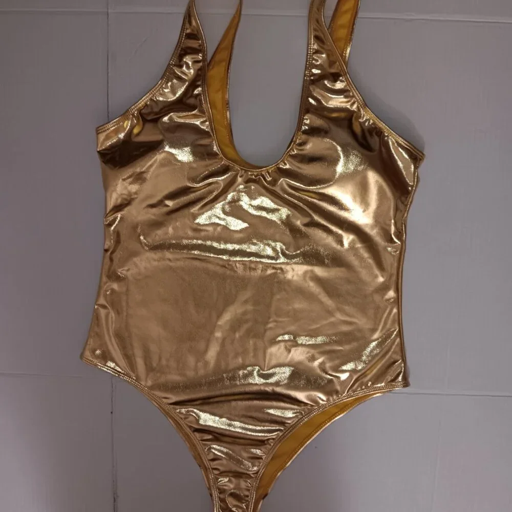 METALLIC GOLD PADDED CUPS ONE PIECE SWIMSUIT - Picture 9 of 12